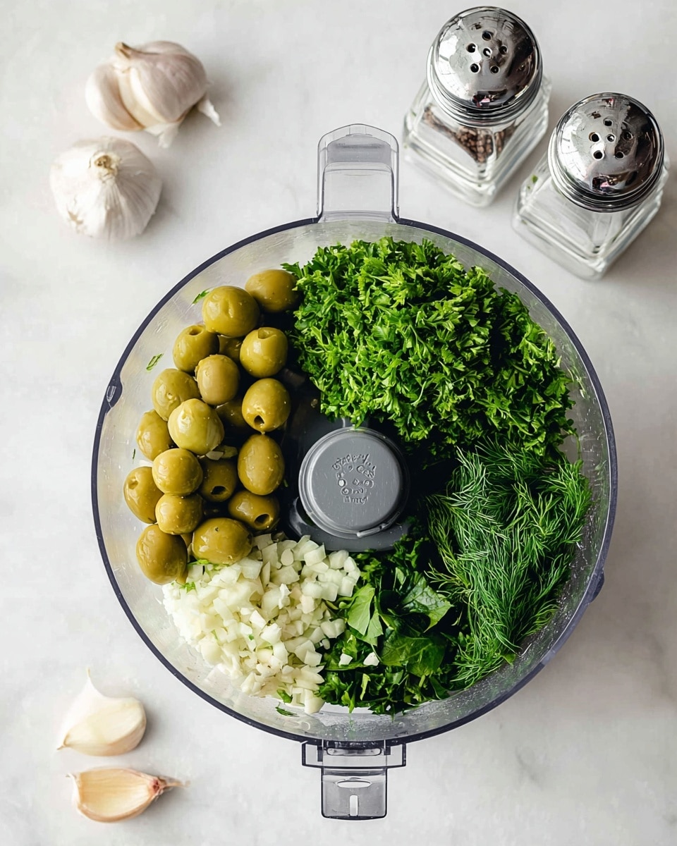 A clear food processor bowl sits on a white marbled surface filled with four main layers of ingredients. On the left, there is a cluster of whole green olives, smooth and round with a shiny texture. Clockwise to the top right, there is a bright green pile of fresh parsley leaves, dense with leafy texture. Next to the parsley on the right, there is a bunch of finely chopped dill with a feathery and soft look. Below the dill, there is a layer of torn basil leaves, dark green with a slightly wrinkled surface. Finally, at the bottom left inside the bowl are small white minced pieces of garlic, rough and uneven in shape. Nearby on the marble surface are a few whole garlic cloves with papery skins. To the top right of the processor, salt and pepper shakers with metal lids and clear glass containers are visible. The photo taken with an iphone --ar 4:5 --v 7