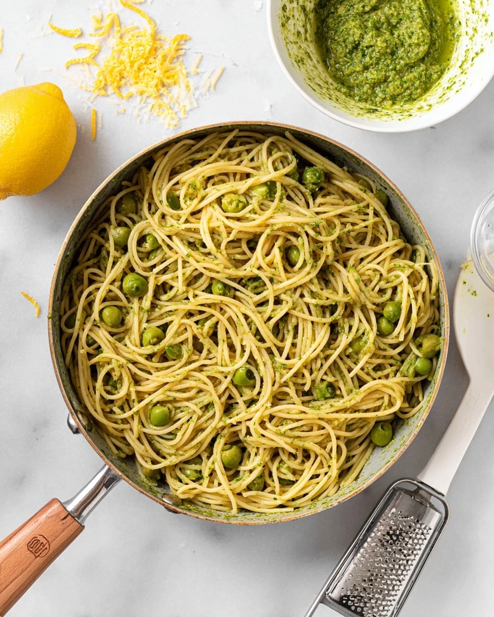 A top view of a pan full of spaghetti mixed with green pesto sauce and whole green olives scattered throughout. The spaghetti is light yellow and the pesto sauce gives a textured green layer coating the pasta. Above the pan is a white bowl with leftover green pesto sauce inside. Next to the bowl is a yellow lemon with some lemon zest shavings nearby and a metal grater. On the right side of the pan, there is an empty clear glass measuring cup and a white spatula with a wooden handle resting on the white marbled surface. Photo taken with an iphone --ar 4:5 --v 7