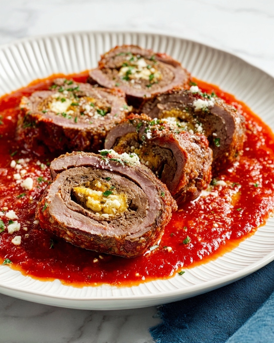 The image shows five pieces of rolled beef filled with a yellowish mixture, likely garlic and herbs, sliced to reveal multiple layers of brown beef wrapped tightly around the pale filling. The rolls sit on a thick, chunky red tomato sauce that spreads across the bottom of a white, round plate with ridged edges. The sauce is speckled with small bits of green herbs and white cheese sprinkled over the top of the beef rolls and sauce. The plate is placed on a white marbled surface with a folded blue cloth visible at the bottom right corner. The lighting highlights the moist texture and colors of the beef, sauce, and filling clearly. photo taken with an iphone --ar 4:5 --v 7