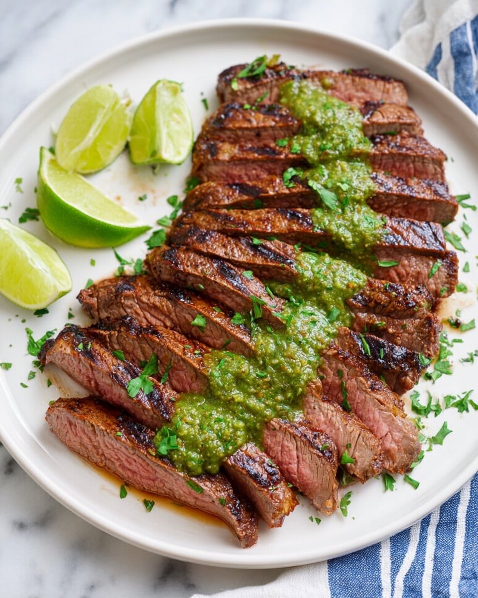 A white plate shows one layer of evenly sliced grilled steak, each slice showing a browned outer edge and a tender brown inside with visible grill marks. A smooth green sauce is spread in a line on top of the steak from one end of the plate to the other. Green chopped herbs are sprinkled across the steak and plate. On the top left of the plate, two lime halves and one lime wedge are placed. The plate sits on a white marbled surface with a blue and white striped cloth partially visible at the bottom right. Photo taken with an iphone --ar 4:5 --v 7