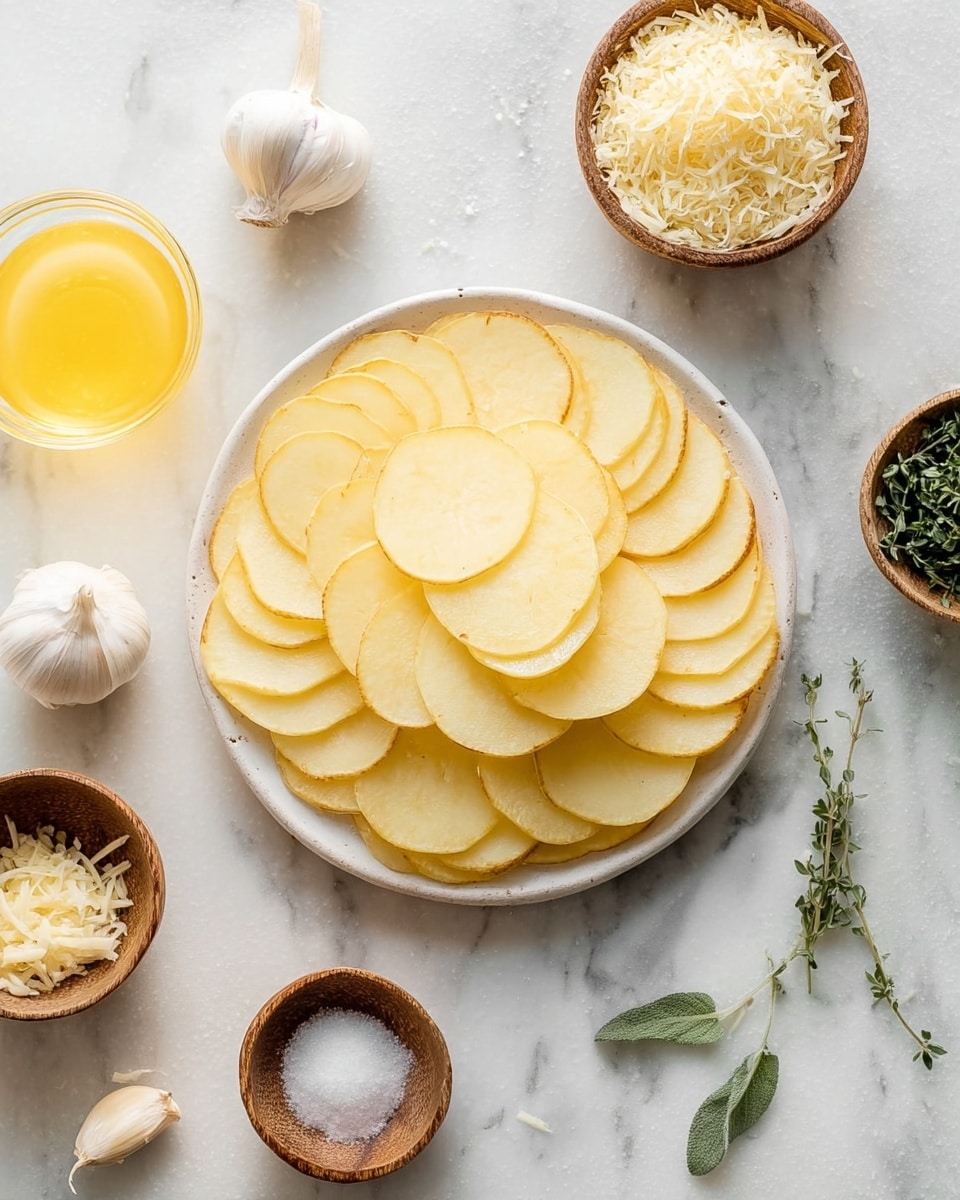 A round white plate in the center holds several thin yellowish potato slices arranged in overlapping circular layers, forming a neat pattern. Around the plate, on a white marbled surface, there are three wooden bowls filled with finely grated cheese, two sprigs of fresh green herbs, and some garlic cloves, some peeled and some whole. At the bottom left, there is a small glass container filled with melted yellow butter, and near it, a small white bowl of salt. The setup looks clean and organized, ready for cooking photo taken with an iphone --ar 4:5 --v 7