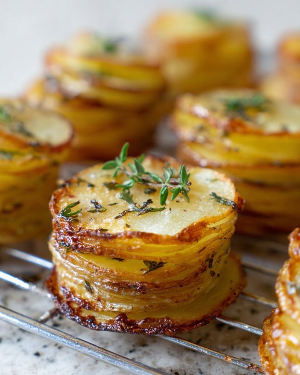 This image shows small stacks of thin potato slices baked to a golden brown with slightly crispy edges. Each stack has about 10-12 layers of tender, soft potatoes with a light yellow color, speckled with green herbs like thyme on top. The stacks sit on a metal cooling rack with a white marbled surface below. The potatoes have a shiny, slightly oily texture and some browned bits around the edges, giving a warm and tasty look. Photo taken with an iphone --ar 4:5 --v 7