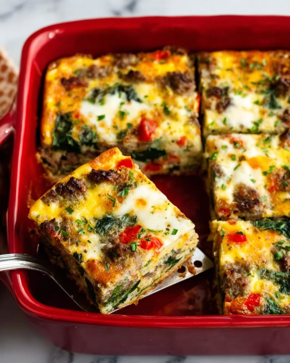 The image shows a red square baking dish with a baked egg casserole cut into six square pieces, one piece is lifted by a silver spatula. The casserole has layers of cooked eggs with melted cheese on top, mixed with visible chunks of sausage, green spinach leaves, and bits of red bell pepper. The texture on top is slightly browned and bubbly, with herbs sprinkled over. The baking dish rests on a white marbled surface. Photo taken with an iphone --ar 4:5 --v 7