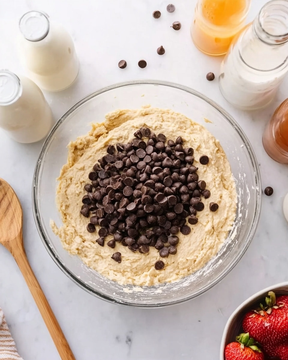 A clear glass bowl sits on a white marbled surface, filled with a thick, light beige batter as the base layer with a rough texture. On top of this batter is a generous pile of small, dark brown chocolate chips, creating a high-contrast, textured layer in the center of the bowl. Around the bowl, on the surface, are small groups of scattered chocolate chips, a wooden spoon with a light brown handle, and various clear glass bottles with white caps containing white and light orange liquids. There are also fresh strawberries visible in the background to the right. The overall scene is bright and clean, capturing a baking preparation stage. photo taken with an iphone --ar 4:5 --v 7