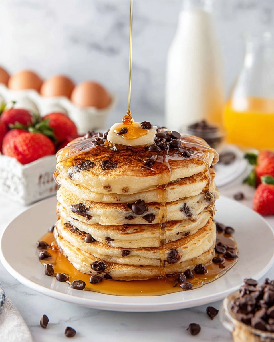 A tall stack of six thick pancakes filled with chocolate chips is placed on a white plate, each pancake showing a golden-brown color with visible chocolate chips embedded throughout. On top of the stack, there is a pat of melting butter surrounded by more chocolate chips scattered over the surface. Maple syrup is being poured down from above, creating a shiny, flowing layer that drips over the pancakes and pools on the plate. In the softly blurred background, there are eggs in a white carton, bottles of milk and juice, a white basket filled with strawberries, and a small glass container with chocolate chips. The setting is on a white marbled surface. photo taken with an iphone --ar 4:5 --v 7
