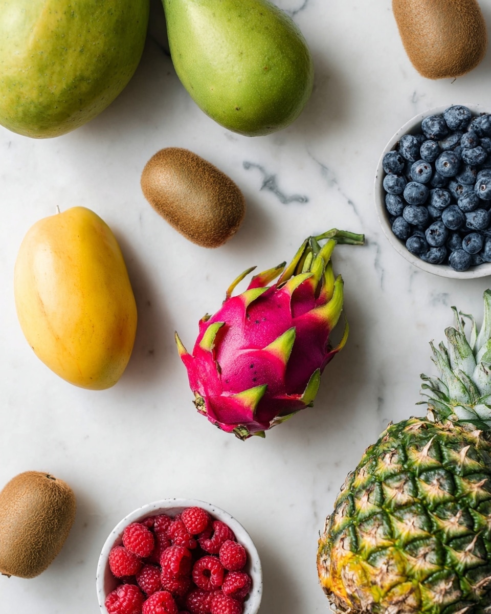 A white marbled surface holds an arrangement of colorful fruits, including a green pineapple with a rough textured skin at the bottom right, a bright pink dragon fruit with green tips placed near the center, and two furry brown kiwis spaced around it. To the left, there are two smooth mangoes, one greenish-yellow and the other mainly yellow. Two small white bowls are also present, one filled with blue blueberries at the top right and another filled with red raspberries below it, adding bursts of color. At the top left edge, a green papaya is partially shown. The fruits and bowls are spaced out evenly, creating a balanced and fresh look. Photo taken with an iphone --ar 4:5 --v 7