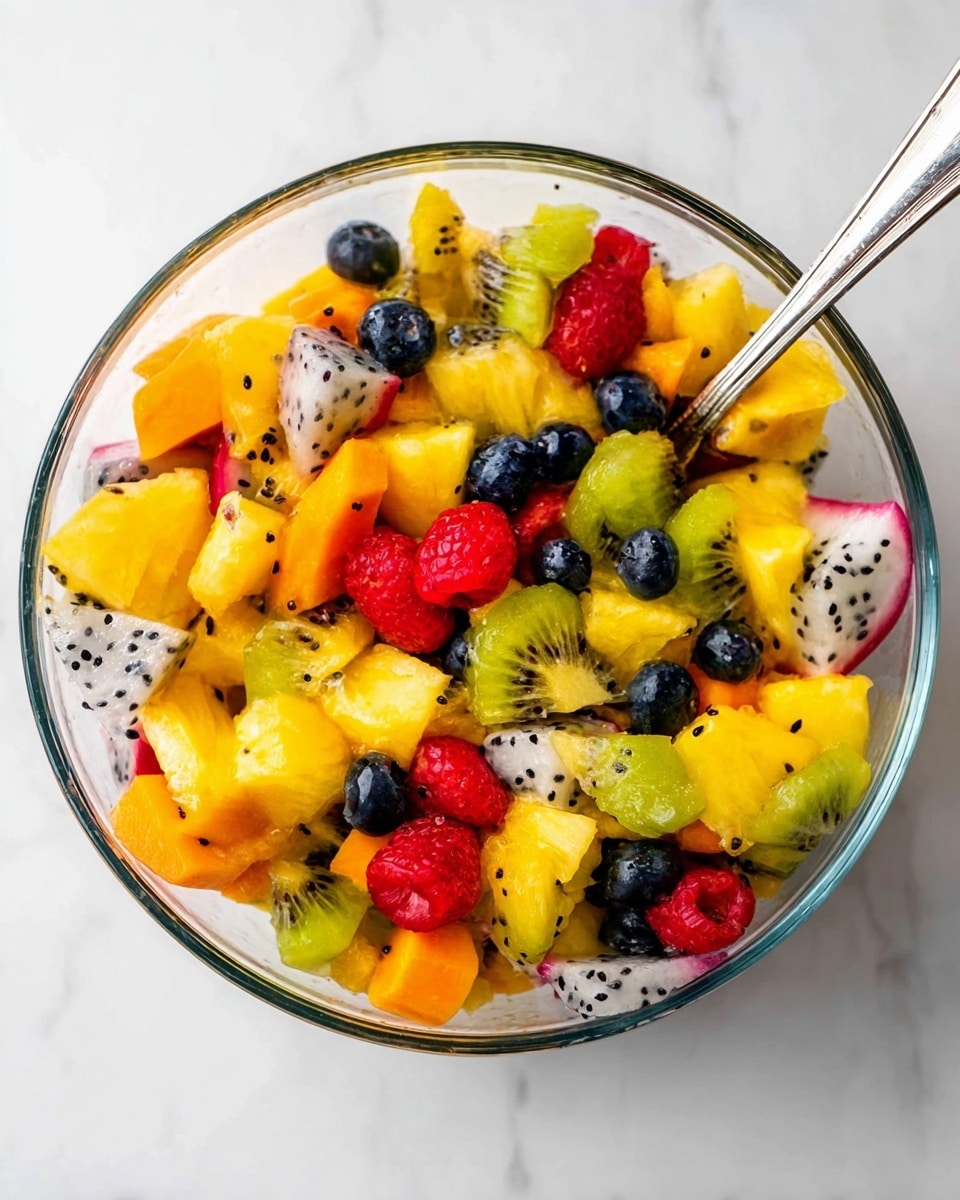 A clear glass bowl filled with a colorful fruit salad sits on a white marbled surface. The salad has many small chunks of bright yellow pineapple, orange papaya, green kiwi slices with black seeds, red raspberries, dark blue blueberries, and white pieces of dragon fruit with black seeds. The mix is vibrant and looks fresh and juicy. A silver spoon rests inside the bowl, with its handle leaning on the edge. The photo taken with an iphone --ar 4:5 --v 7