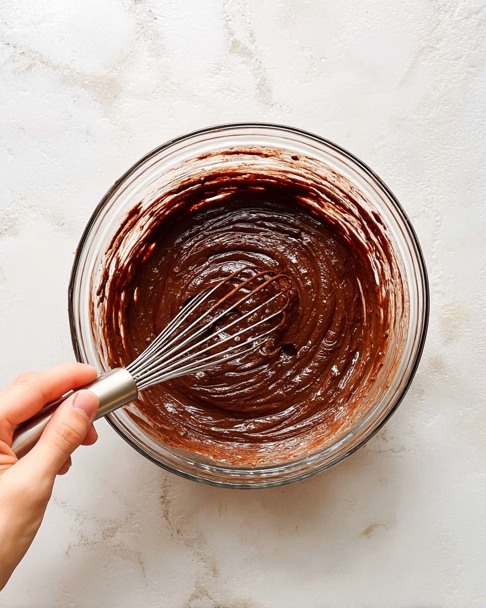 A clear glass bowl sitting on a white marbled surface holds thick, smooth chocolate batter with a glossy texture. The batter is dark brown and evenly mixed, filling about half the bowl. A woman's hand is holding a metal whisk inside the bowl, stirring the batter and creating swirling patterns on the surface. The edges of the bowl have some streaks of chocolate batter. photo taken with an iphone --ar 4:5 --v 7
