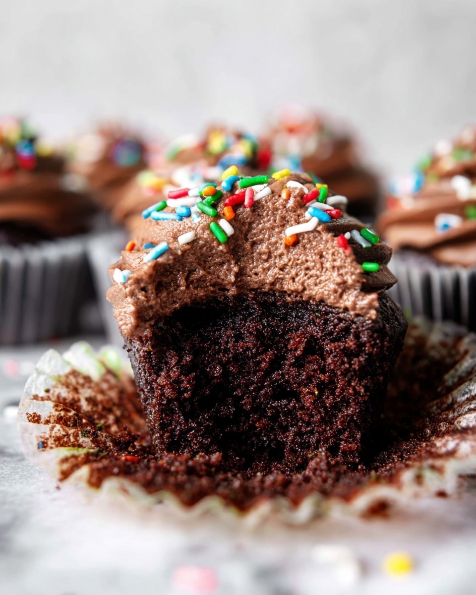 A close-up view of a chocolate cupcake with one bite taken out, showing a dark, moist chocolate cake base. On top, there is a thick layer of smooth, creamy chocolate frosting with a swirled texture. The frosting is decorated with colorful round and rod-shaped sprinkles in red, green, blue, yellow, and white. The cupcake liner is peeled back, revealing the cake inside. In the blurred background, more cupcakes with similar frosting and sprinkles are visible. The whole scene is set against a white marbled texture. photo taken with an iphone --ar 4:5 --v 7