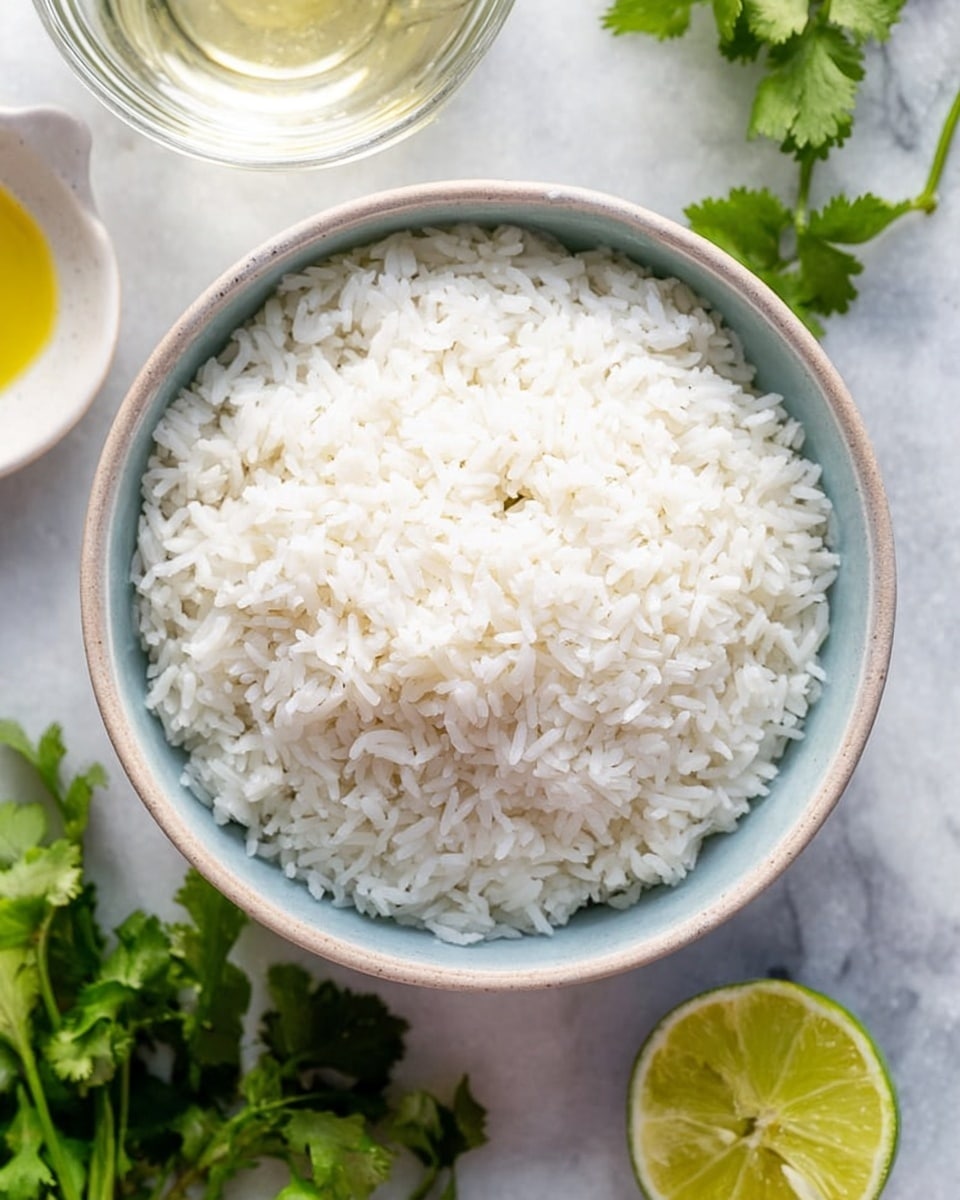 A bowl filled with plain white rice is shown from above, the bowl having a light blue inner rim and a soft texture. Around the bowl, there are green cilantro leaves on the white marbled surface and a slice of lime cut in half at the bottom right. A small white bowl with yellow oil is on the left side near the top and part of another glass container with liquid is visible at the top left corner. The whole scene is set on a white marbled surface creating a clean and fresh look photo taken with an iphone --ar 4:5 --v 7