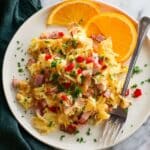 Creamy Breakfast Hash with Ham, Bell Peppers, Eggs, and Cheddar Recipe