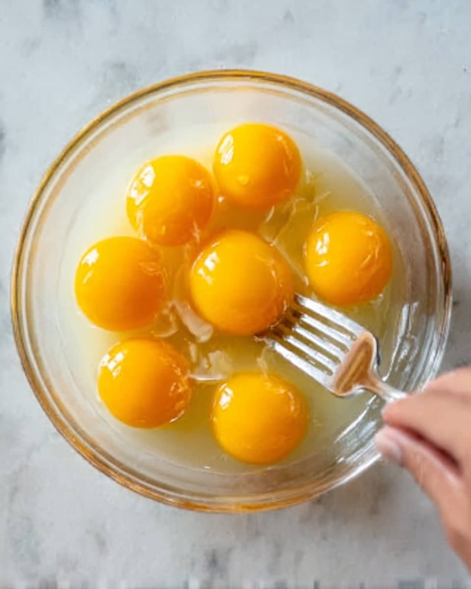 A clear glass bowl on a white marbled surface contains six bright yellow egg yolks floating in the surrounding translucent egg whites. A woman's hand is seen holding a fork gently pressing into one of the yolks, slightly breaking its smooth round shape. The light reflects softly on the bowl’s surface, highlighting the clear texture of the glass and the glossy egg yolks inside. photo taken with an iphone --ar 4:5 --v 7