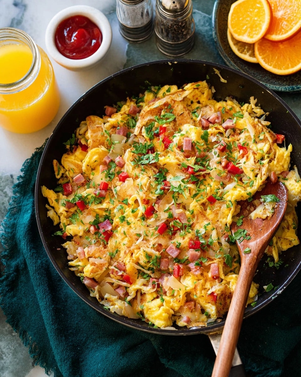 A black pan filled with a mix of golden yellow scrambled eggs and white hash browns that have a slightly browned texture, scattered with small pieces of pink ham and red bell pepper bits. The dish is topped with fresh green chopped herbs giving a fresh look. A wooden spoon rests on the side inside the pan, which is placed on a dark green cloth. Around the pan, there is a white marbled surface with a clear glass jar of orange juice and two orange wedges, a small white bowl with red ketchup, and salt and pepper grinders in the background. photo taken with an iphone --ar 4:5 --v 7