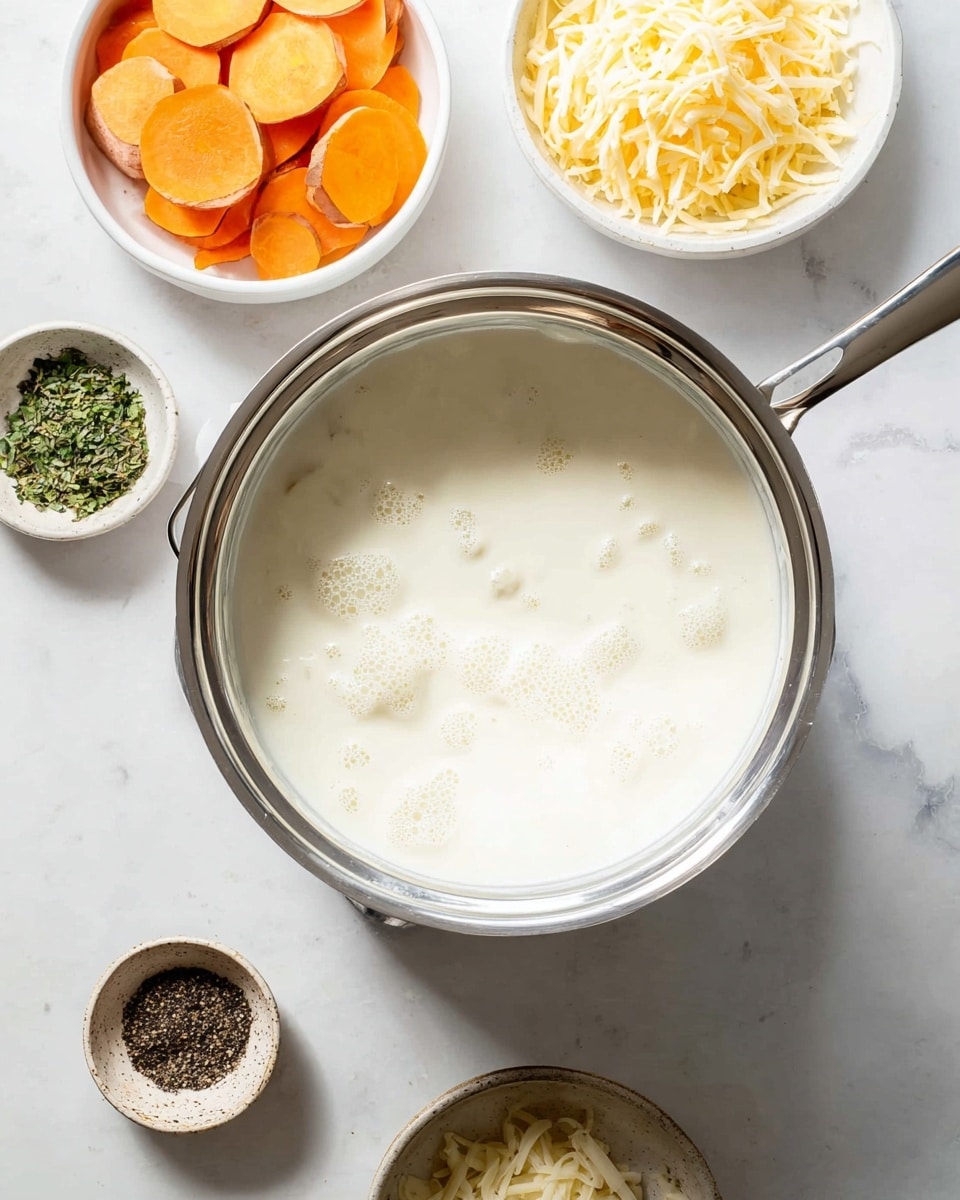 A shiny metal pot filled with a creamy white sauce that has small lumps floating in it, placed on a white marbled surface. Around the pot, there are several small white bowls: one filled with thinly sliced orange and yellow sweet potatoes on the left side, another filled with shredded cheese at the top, a bowl with green herbs slightly to the right, and a small bowl with black pepper at the bottom left. The arrangement is neat, with clean colors and soft natural light. photo taken with an iphone --ar 4:5 --v 7