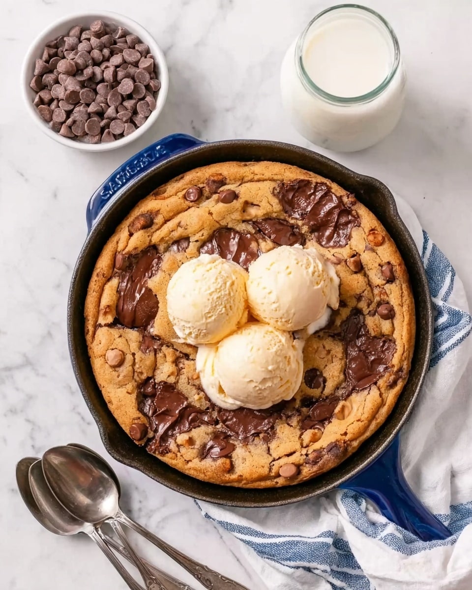 A round baked cookie skillet with a golden-brown base and darker chocolate patches spread unevenly across the top, placed at the center of a white marbled surface. Three scoops of creamy, pale yellow ice cream sit in the middle of the skillet, slightly melting on the warm cookie. To the upper left, a small white bowl filled with chocolate chips is visible, while a tall glass of milk is set to the upper right. A white and blue striped cloth is placed just below the skillet with two silver spoons resting beside it. Photo taken with an iphone --ar 4:5 --v 7