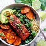 Honey Jerk Salmon with Roasted Sweet Potatoes, Spinach, and Quinoa Recipe