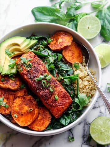 Honey Jerk Salmon with Roasted Sweet Potatoes, Spinach, and Quinoa Recipe