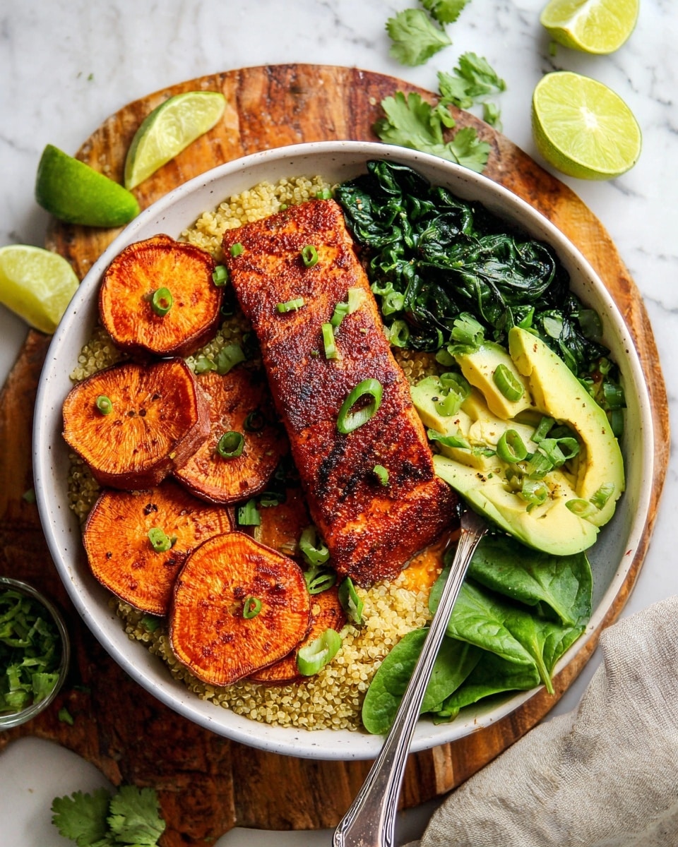 A white bowl sits on a wooden board over a white marbled surface, filled with layers starting with a base of light yellow quinoa. On top, there is cooked dark green spinach spread on one side. Next to it, five thick, round slices of orange sweet potato with browned grill marks are arranged. A large, red-brown seasoned salmon fillet with a slightly charred surface lies to one side, garnished with small green onion slices. Around the edges, lime wedges, bright green avocado slices, and fresh green herbs like cilantro and basil complete the dish. A silver fork rests inside the bowl. Photo taken with an iphone --ar 4:5 --v 7