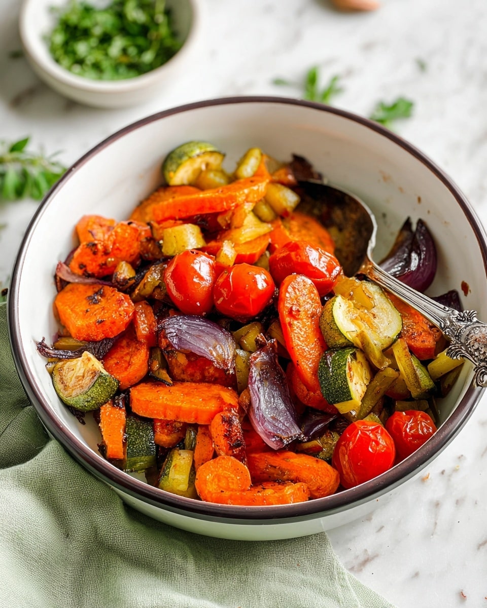 In a white bowl with a thin dark rim, there is a mix of roasted vegetables that form three main layers: bright orange carrot slices with a slightly rough texture, plump red cherry tomatoes with shiny skins, and chunks of yellow and green zucchini with soft, cooked edges. Scattered throughout are pieces of deep purple onion showing a slight char. A silver spoon with intricate designs rests inside the bowl, partly buried under the vegetables. The bowl is placed on a white marbled surface with a light green cloth to the side, and some green herbs are visible in a white bowl blurred in the background. Photo taken with an iphone --ar 4:5 --v 7