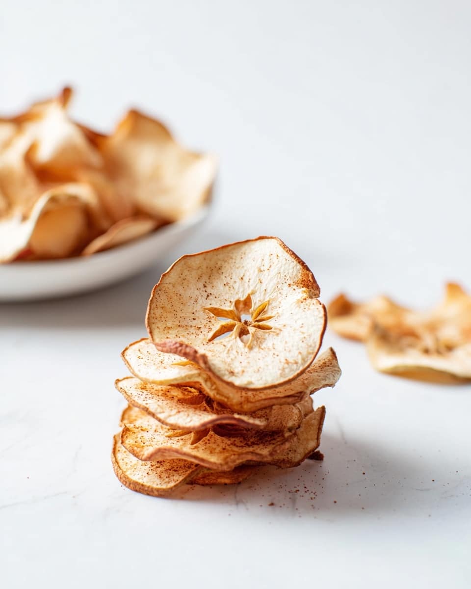 A small stack of dried apple slices, about seven layers high, rests on a white marbled surface. Each slice is thin and light beige with brown cinnamon specks scattered unevenly, and the edges are slightly curled showing their crisp texture. The top slice has a visible star-shaped core pattern with a tiny bite mark on one side. In the background, more apple slices lie scattered near a white plate filled with similar dried slices, out of focus. The overall look is simple and clean, with warm autumn colors standing out against the bright white marbled background. photo taken with an iphone --ar 4:5 --v 7