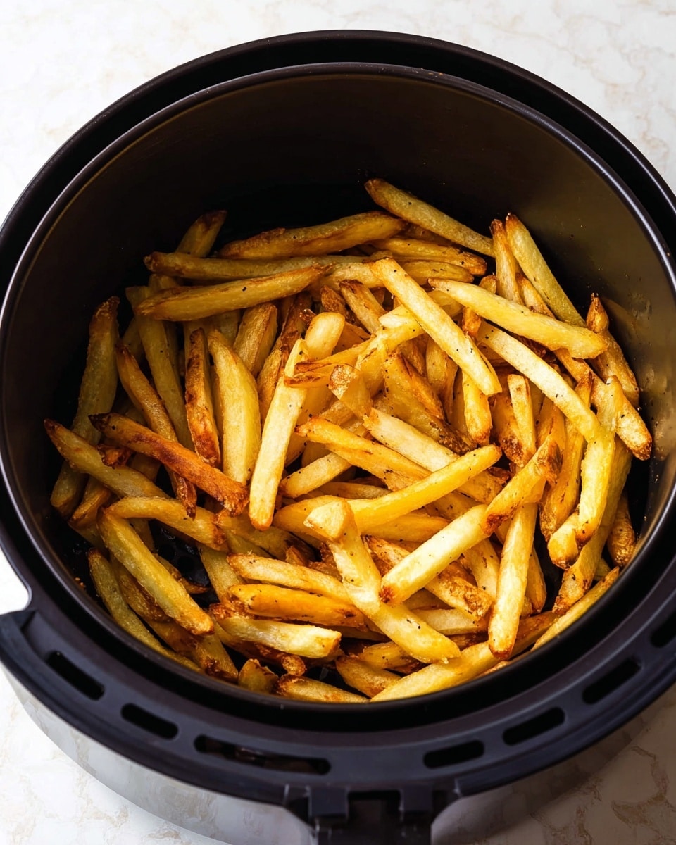 The image shows a black air fryer basket filled with cooked French fries. The fries are a mix of golden yellow and light brown colors, showing a slightly crispy texture with some darker, more toasted spots scattered on top. The basket is round with the fries loosely piled up inside, filling most of the space but not overflowing. The background has a white marbled texture surface. photo taken with an iphone --ar 4:5 --v 7