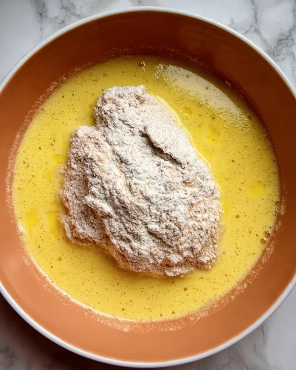 The image shows a white bowl filled with yellow beaten eggs, with a piece of raw chicken covered in white flour resting in the center of the egg mixture. The chicken piece has a rough texture from the flour, and the eggs have a smooth, liquid texture. The bowl is placed on a white marbled surface. photo taken with an iphone --ar 4:5 --v 7
