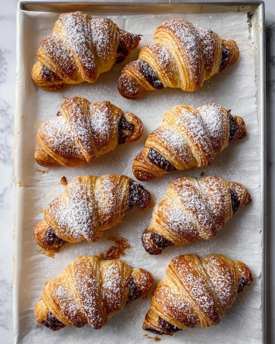 The image shows nine golden-brown croissants on white parchment paper, arranged in three rows on a baking tray. Each croissant has a slightly crispy texture with visible layers of flaky dough wrapped around a dark chocolate filling that peeks out at the ends. The tops of the croissants are dusted with white powdered sugar, adding a soft contrast to the warm brown tones. The parchment paper under the croissants has light smudges of powdered sugar and a few small crumbs. The surface beneath the tray has a white marbled texture. Photo taken with an iphone --ar 4:5 --v 7