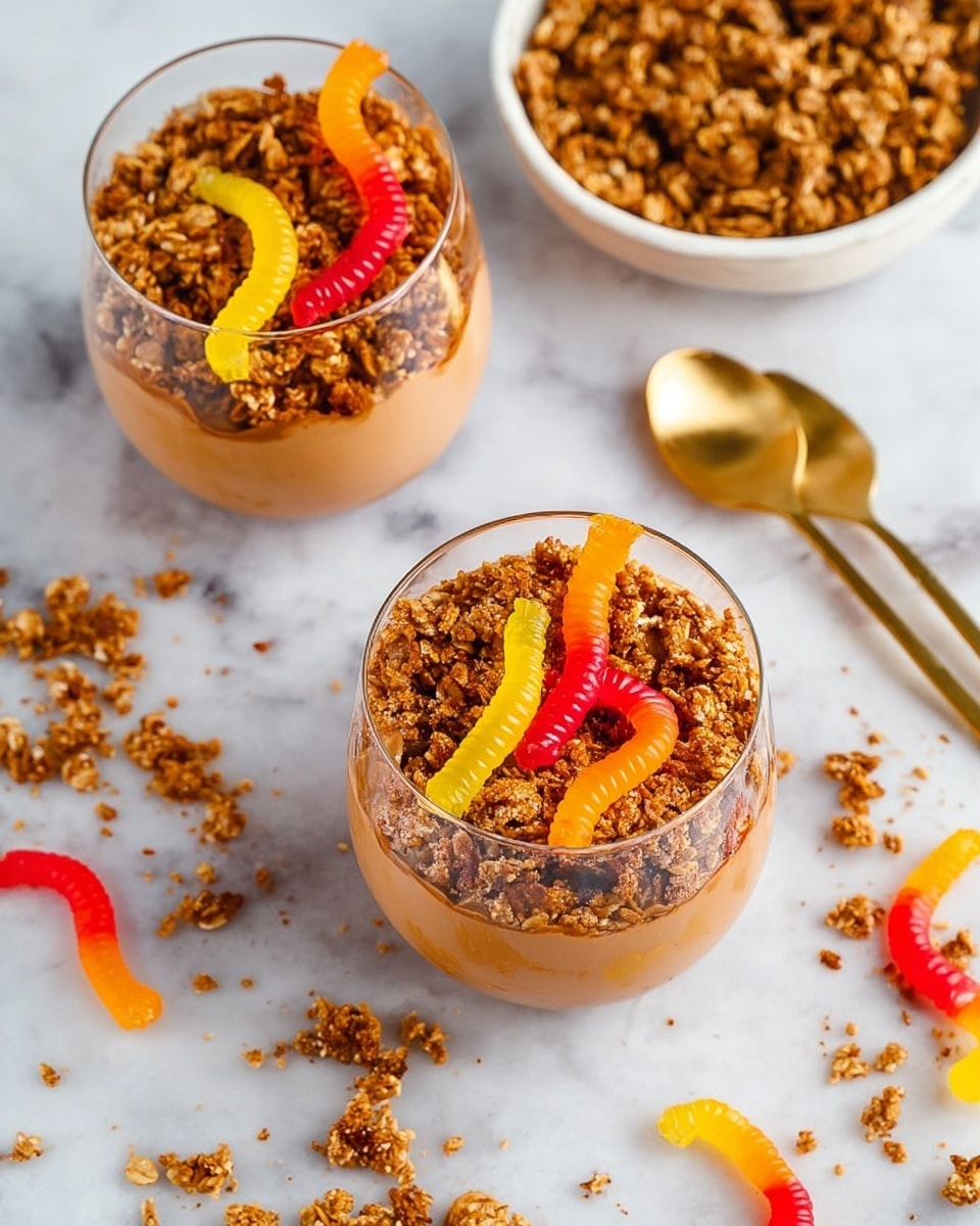 The image shows two transparent glasses filled with three layers each: the bottom layer is smooth, light brown pudding, the middle layer is a thick, crunchy granola that covers the surface, and on top, colorful gummy worms in yellow, red, and orange colors are placed partly buried in the granola. Around the glasses on a white marbled surface are loose granola crumbs and more gummy worms scattered randomly. In the upper area, part of a white bowl filled with granola and two golden spoons are visible. Photo taken with an iphone --ar 4:5 --v 7