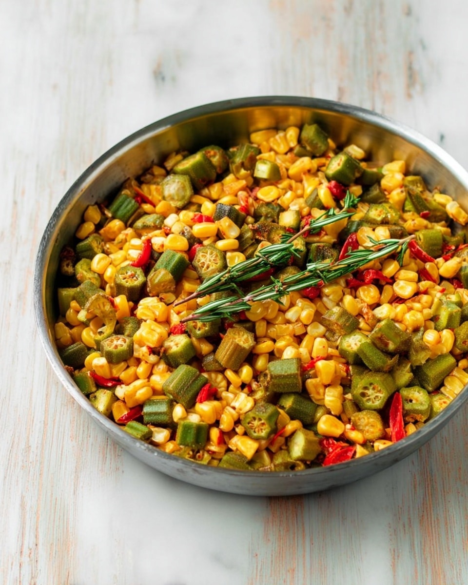 A round silver pan filled with cooked corn kernels mixed with sliced green okra and bits of red pepper, garnished with a few sprigs of fresh thyme on top. The colors are bright yellow from the corn, deep green from the okra pieces, and small accents of red from the peppers, giving a fresh and vibrant look. The pan sits on a white marbled surface that creates a clean and simple background. photo taken with an iphone --ar 4:5 --v 7