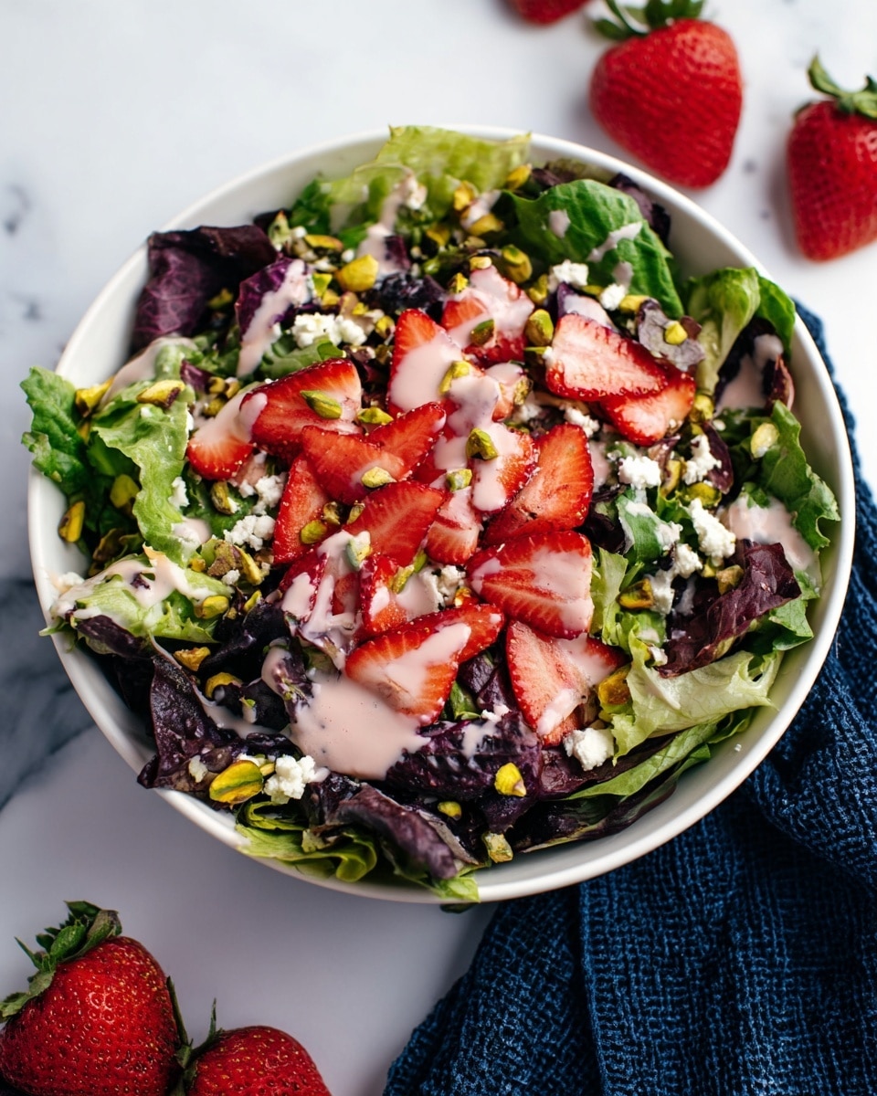 A white bowl filled with a fresh salad showing three main layers: the base layer is mixed green and purple leafy lettuce with a fresh and slightly crinkled texture, the second layer features bright red sliced strawberries spread evenly on top, and the third layer has small chunks of white cheese and chopped green pistachios sprinkled over the salad. There is a light pink dressing drizzled across the top, adding a glossy texture. The bowl sits on a white marbled surface with a few whole strawberries placed around it, and a dark blue textured cloth is partially visible at the bottom right corner. photo taken with an iphone --ar 4:5 --v 7