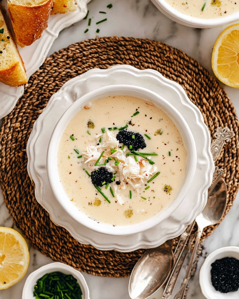 A white scalloped bowl filled with creamy light beige soup, showing small chunks inside, sits on a white scalloped plate placed on a round woven mat. The soup is topped with white crab meat pieces and small black caviar dots, sprinkled with green chopped chives. Around the bowl, there are lemon wedges and torn pieces of toasted bread on a white marbled surface. Two vintage silver spoons rest between the bowl and plate, and extra chives and caviar are visible in small white dishes nearby. photo taken with an iphone --ar 4:5 --v 7