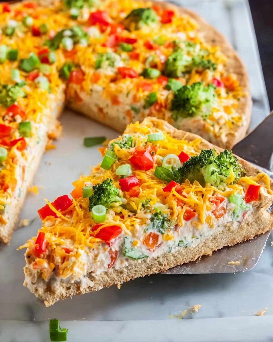 The image shows one slice of vegetable pizza being lifted from a white tray with a silver spatula. The pizza has two visible layers: the crust which is light brown and thick, and a topping layer which is colorful and textured. The topping includes shredded orange cheese, small bright green broccoli pieces, diced red bell peppers, and chopped green onions scattered evenly over a creamy white sauce. The tray sits on a white marbled surface, and the focus is on the lifted slice with more pizza visible in the background. photo taken with an iphone --ar 4:5 --v 7