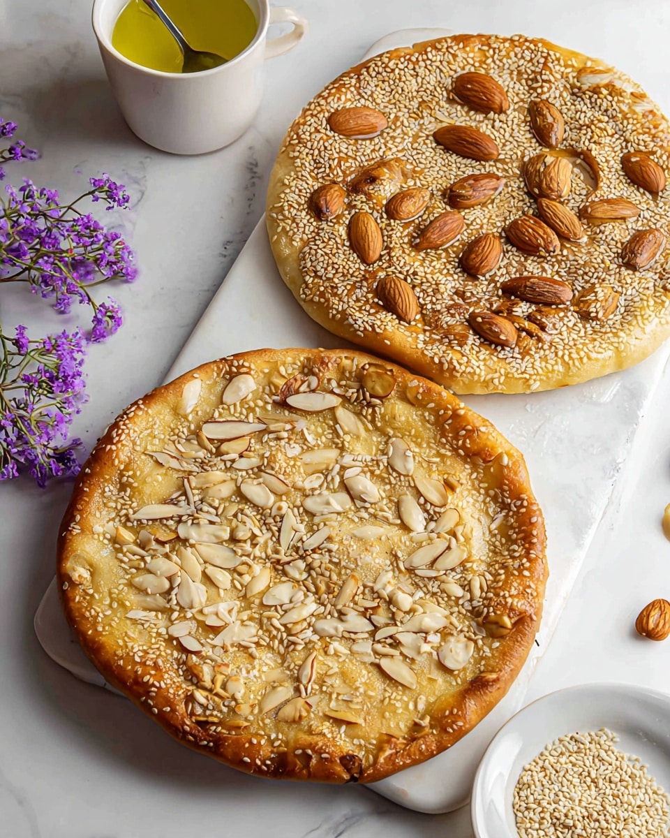 Two round flatbreads rest on a white marbled surface, one slightly overlapping the other. The top flatbread has a golden-brown crust topped with a layer of sesame seeds covering most of the surface, along with whole cashews arranged in the top left corner and almonds in the middle and right edge. The bottom flatbread is also golden-brown with a thick layer of sesame seeds and is sprinkled with slivered almonds evenly spread over the surface. Near the flatbreads, there is a white cup with a spoon inside, containing a yellow oil, and a white plate holding some sesame seeds and one almond. Some purple flowers are visible on the left side of the image. Photo taken with an iphone --ar 4:5 --v 7
