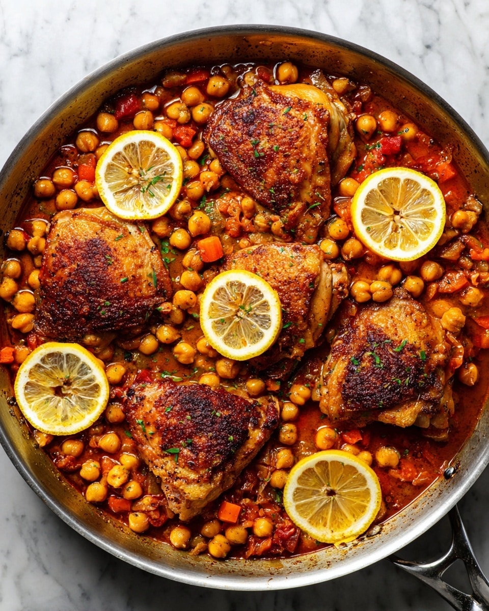The dish shows five pieces of golden brown cooked chicken with crispy skin, placed evenly in a shiny silver pan. Around the chicken, there are many round chickpeas in a rich, reddish-orange sauce, mixed with small pieces of cooked red and orange vegetables. On top of the chickpeas and chicken, there are three thin lemon slices arranged at different points. The pan sits on a white marbled surface. photo taken with an iphone --ar 4:5 --v 7