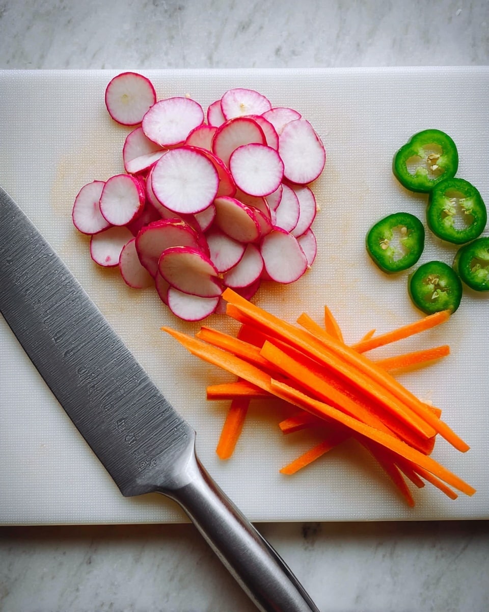 The image shows a white cutting board on a white marbled surface with thinly sliced radishes with red edges and white centers on the top left, thin orange carrot sticks in the bottom right, and green jalapeño rings at the top right. A large kitchen knife with a metal handle is placed diagonally on the lower left of the board. The vegetable slices are neat, and the overall scene looks clean and fresh, photo taken with an iphone --ar 4:5 --v 7
