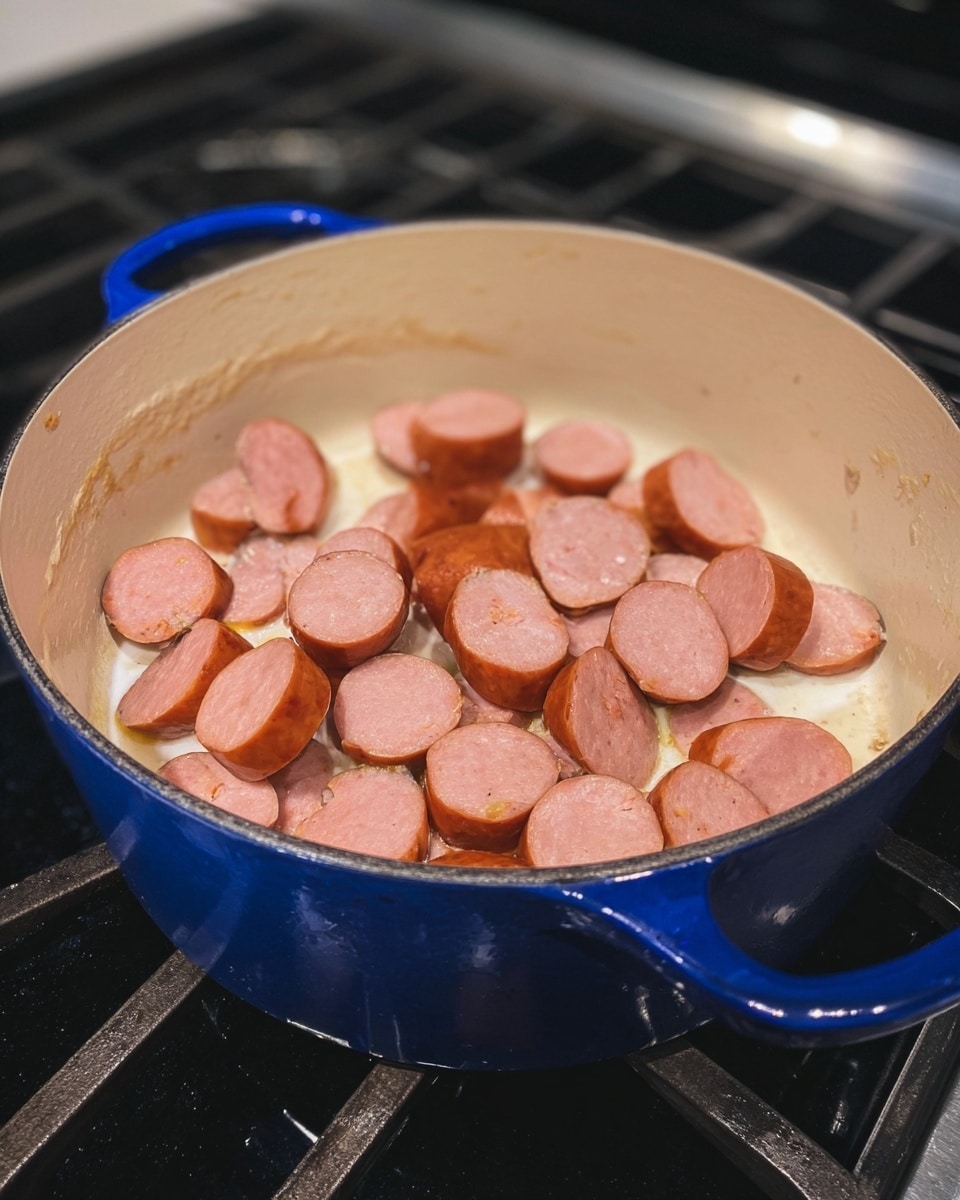 A round blue cooking pot with beige inside sits on a stovetop with black grates. Inside the pot, there are about 18 slices of pink sausage with reddish-brown skin, spread around the bottom. The sausages have a smooth texture and are lightly browned on some edges. Photo taken with an iphone --ar 4:5 --v 7