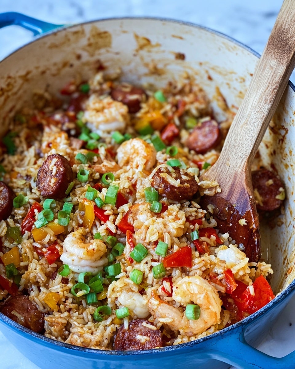 A close-up of a large white pot with a blue outer side filled with a colorful rice dish. The dish has three main layers: the base layer is fluffy, brown cooked rice mixed evenly with small pieces of red and yellow bell peppers; the middle layer includes sliced brown sausage pieces and white shrimp scattered throughout; the top layer is sprinkled with chopped green onions, adding a fresh green contrast. The sides of the pot show some sauce stains, and a wooden spoon rests inside on the right side, partially covered by the rice mixture. The pot sits on a white marbled surface. Photo taken with an iphone --ar 4:5 --v 7