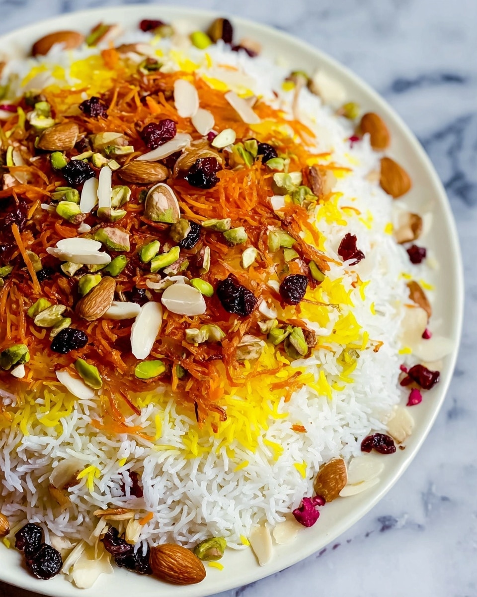 A large white plate with a mix of long white rice grains layered evenly, topped with scattered thin strands of bright yellow saffron rice. On top of the rice is a colorful layer consisting of thin orange carrot strips, small dark raisins, green pistachio pieces, sliced light almond flakes, and small red dried berries spread across the surface. The plate sits on a white marbled surface, showing a close-up view of the textured ingredients and their vibrant colors. photo taken with an iphone --ar 4:5 --v 7