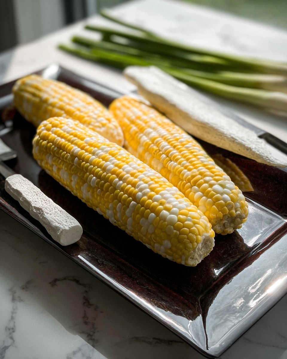 The image shows three ears of corn lying side by side on a long dark tray with a shiny surface. The corn has bright yellow and white kernels arranged in neat rows. In the background, there are some green onions and a metal kitchen tool with a white handle resting on the tray. The tray is placed near a window, casting natural light on the corn and creating soft reflections on the tray’s surface, all set on a white marbled texture. photo taken with an iphone --ar 4:5 --v 7