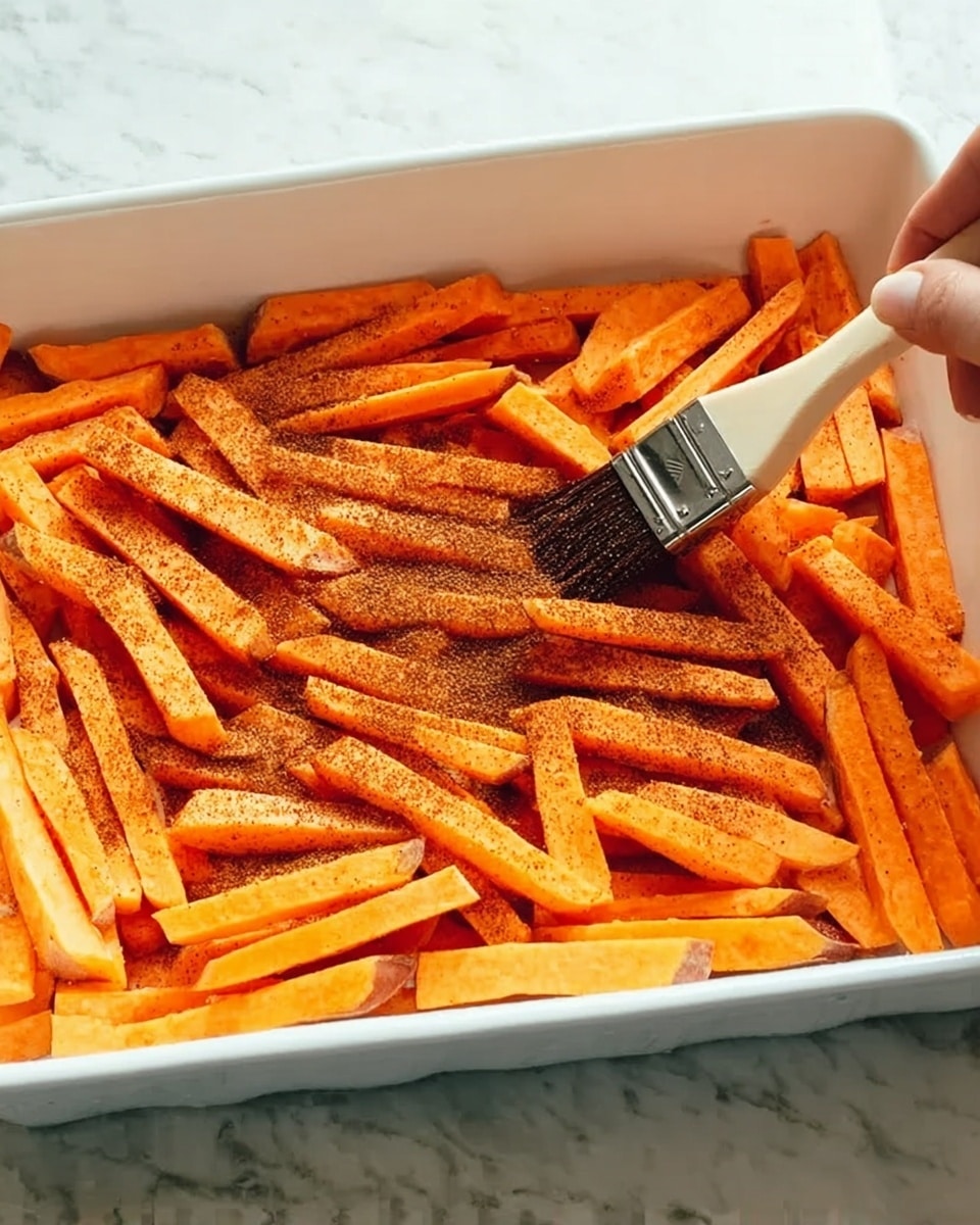 The image shows a white rectangular dish filled with bright orange sweet potato sticks neatly spread in one even layer. The sweet potatoes are sprinkled with a dark brown seasoning that covers most of the top. A woman's hand holds a small brush with dark bristles that is gently spreading the seasoning over the sweet potatoes. The scene is set on a white marbled surface, and the lighting is natural and soft, highlighting the colors and textures clearly. photo taken with an iphone --ar 4:5 --v 7
