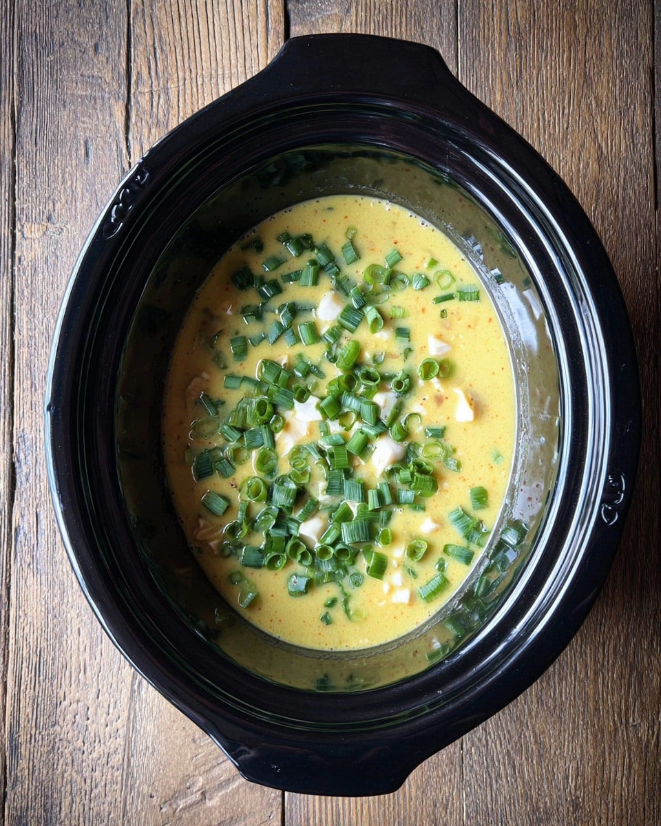 A black slow cooker is filled with a creamy yellow soup that has a smooth texture with small chunks inside. On top, there are many small green pieces of chopped vegetables scattered evenly, along with some small white chunks, creating a fresh and colorful contrast to the soup. The slow cooker sits on a wooden surface with a natural texture visible around it. photo taken with an iphone --ar 4:5 --v 7