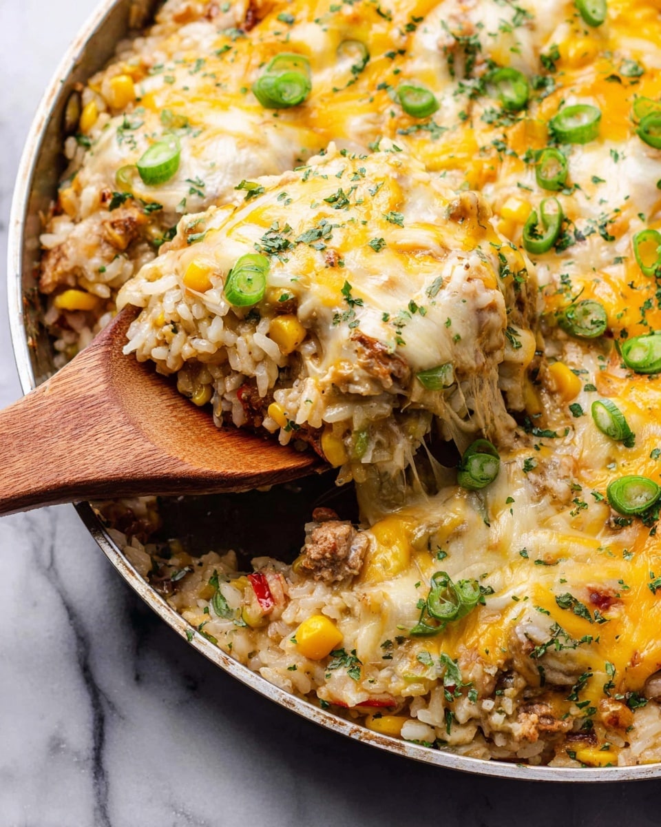 A close-up view of a rice casserole in a round metal pan with three visible layers: the bottom layer is rice mixed with corn and small pieces of vegetables in a creamy sauce, the middle layer includes chunks of cooked meat and more mixed vegetables, and the top layer is covered with melted yellow and white cheese sprinkled with green herbs and sliced green onions. A wooden spoon is scooping a portion from the pan, showing the melted cheese stretching over the layers, and the pan sits on a white marbled surface. Photo taken with an iphone --ar 4:5 --v 7