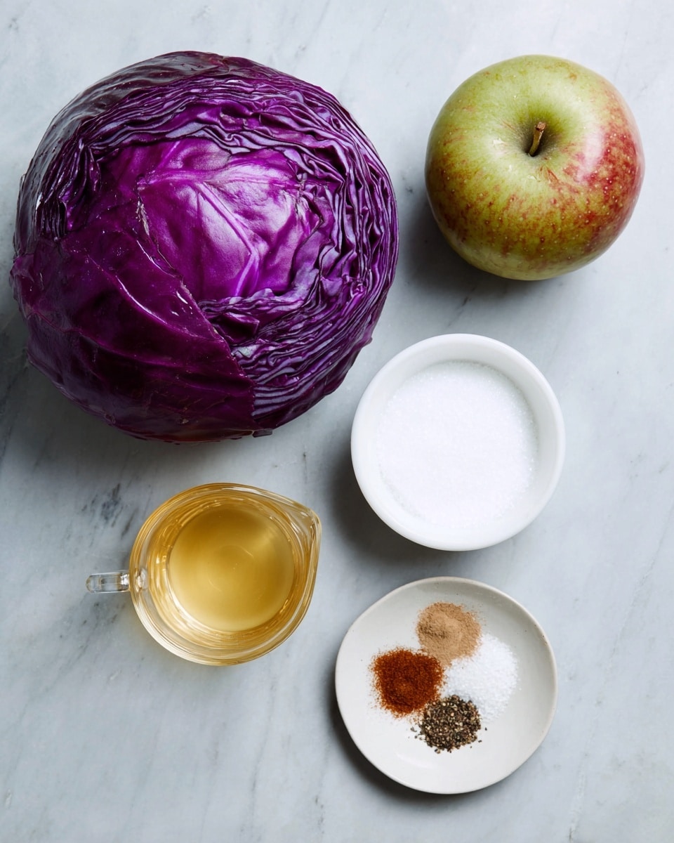 The image shows ingredients on a white marbled surface including a whole head of purple cabbage at the bottom left, a greenish-red apple at the top right, a small clear measuring cup with a light golden liquid at the top left, a white bowl filled with white granulated sugar at the center right, and a small white plate at the bottom right holding three piles of spices: black pepper, brown cinnamon, and white salt. Photo taken with an iphone --ar 4:5 --v 7