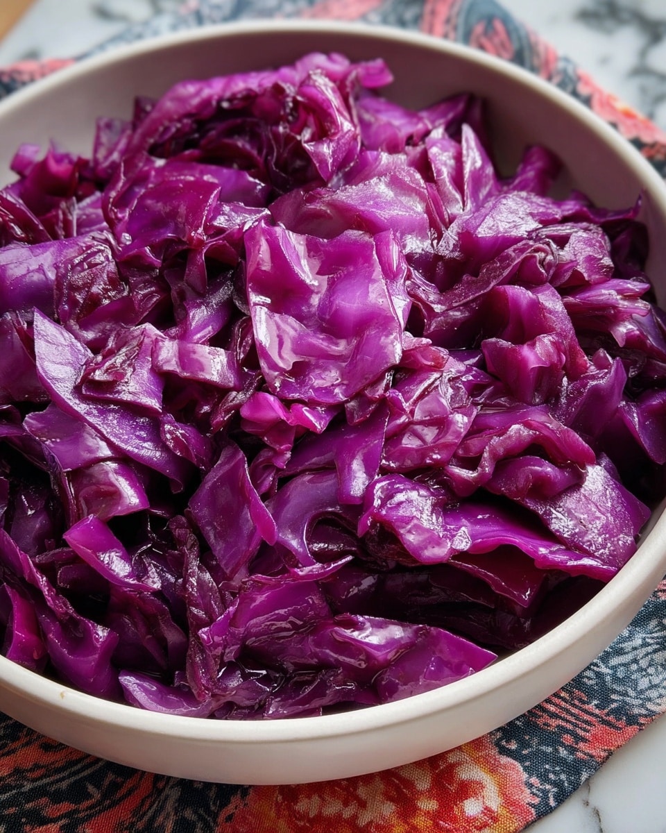 A close-up view of a white bowl filled with cooked purple cabbage, showing many layers of soft, slightly shiny cabbage leaves in deep purple and magenta colors, with some pieces folded and others flat, creating a textured look. The bowl rests on a white marbled surface with a patterned cloth partially visible around it. Photo taken with an iphone --ar 4:5 --v 7