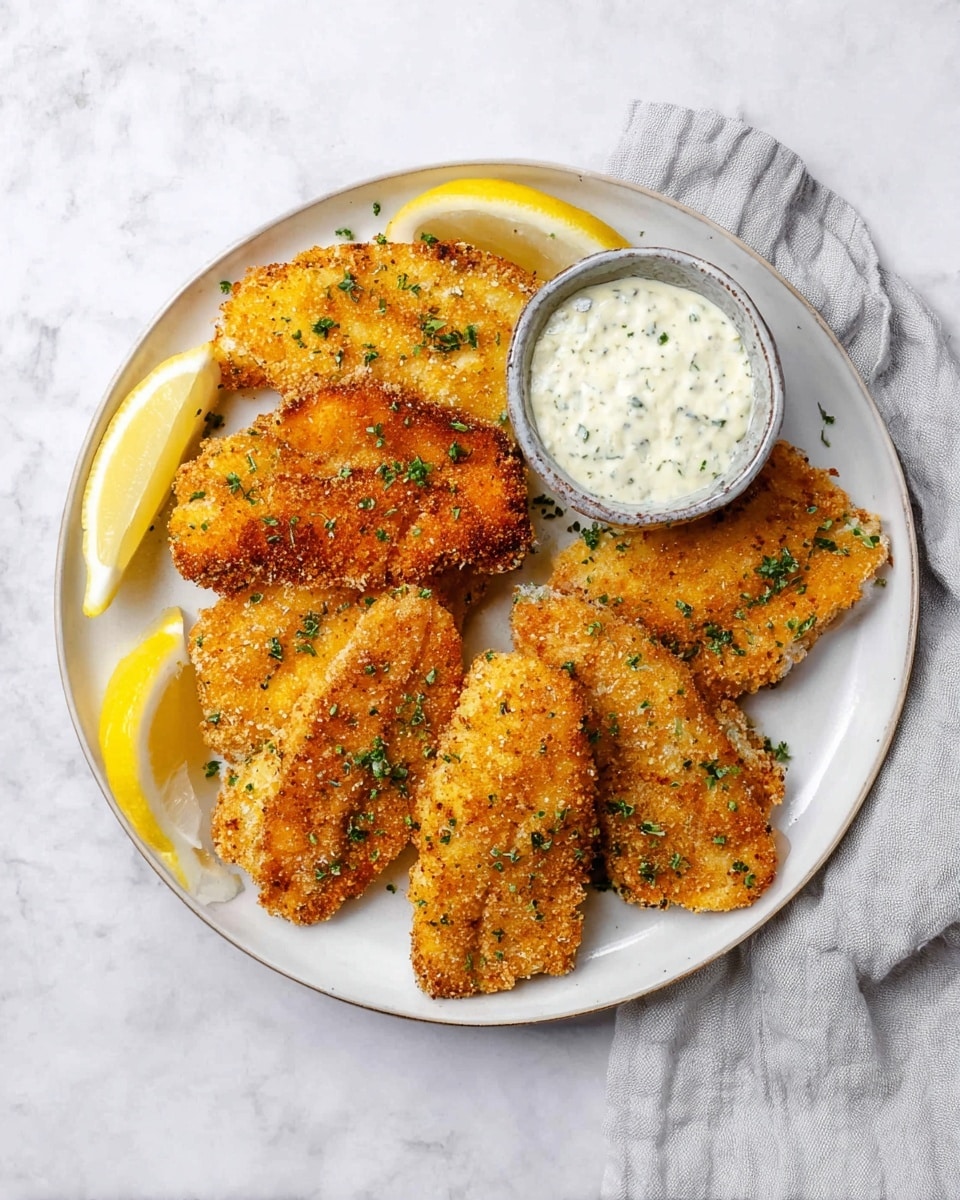 A white plate with five golden brown fried fish fillets sprinkled with small green herb pieces arranged in a circular pattern. On the left side of the plate are four lemon wedges grouped around a small round bowl filled with creamy white tartar sauce with bits of herbs. The plate is placed on a white marbled texture surface with a light gray cloth slightly draped beside it. photo taken with an iphone --ar 4:5 --v 7