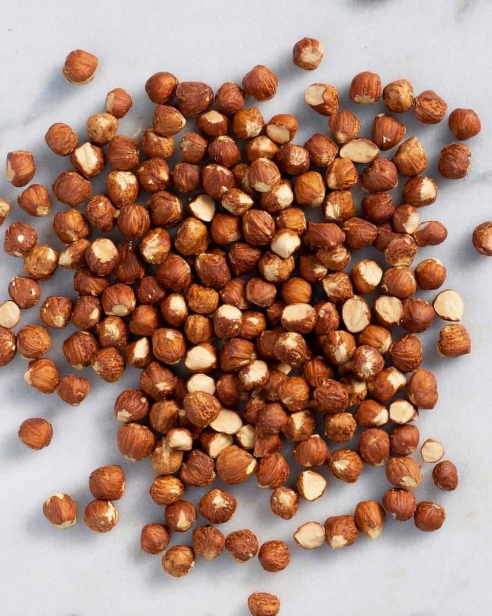 The image shows a large group of whole hazelnuts spread out on a white marbled surface. The nuts are mostly round and have a rich brown shell, some with light beige spots or slight cracks. They are scattered loosely with no particular pattern, with a few nuts slightly separated from the main group. The texture of the shells looks smooth but firm, and the overall look is natural and rustic. photo taken with an iphone --ar 4:5 --v 7