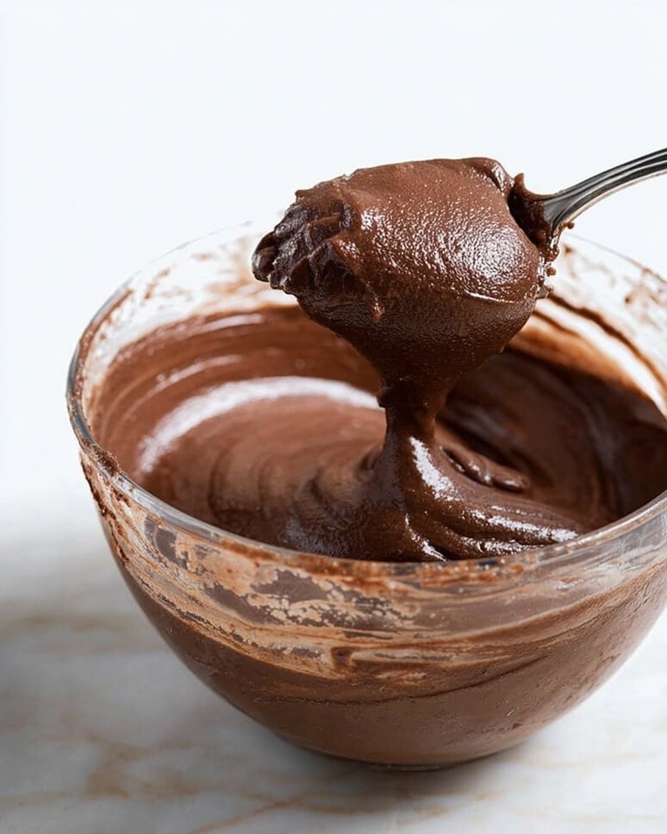 The image shows a clear glass bowl filled with smooth, thick, dark brown chocolate batter. The batter looks creamy and dense with a slightly shiny surface, clinging to a metal spoon that is lifting a thick scoop of it above the bowl. The inside of the bowl shows streaks and bits of the batter on the sides, and the white marbled surface beneath the bowl is barely visible. photo taken with an iphone --ar 4:5 --v 7