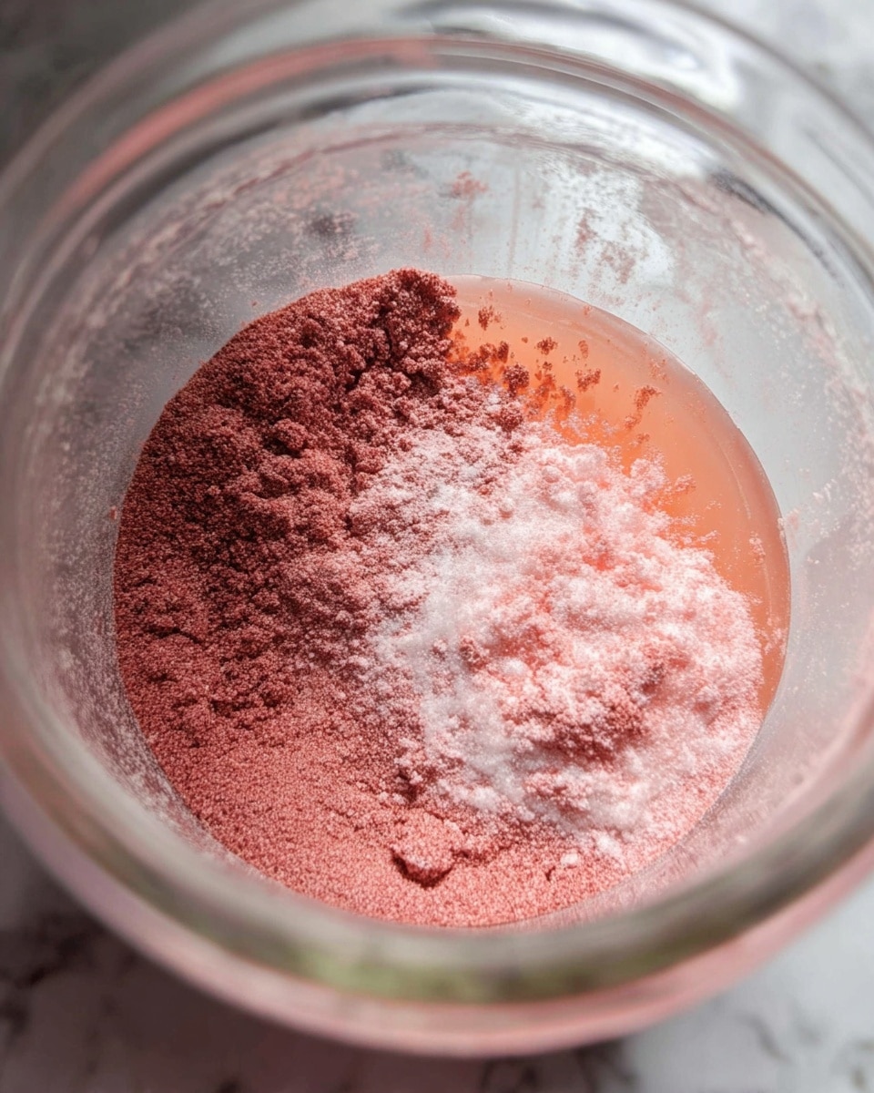 Inside a clear glass container, there are three visible layers of ingredients. The bottom layer is a light pinkish-red powder with a fine, soft texture. Above it, slightly smaller in area but still covering most of the container, is a darker, reddish-pink powder with a slightly coarser texture. Both powders rest on a few spots showing a pale orange or peach liquid at the bottom, creating a contrast with the powders. The background features a white marbled texture, and a white spatula is partially visible on the side. Photo taken with an iphone --ar 4:5 --v 7