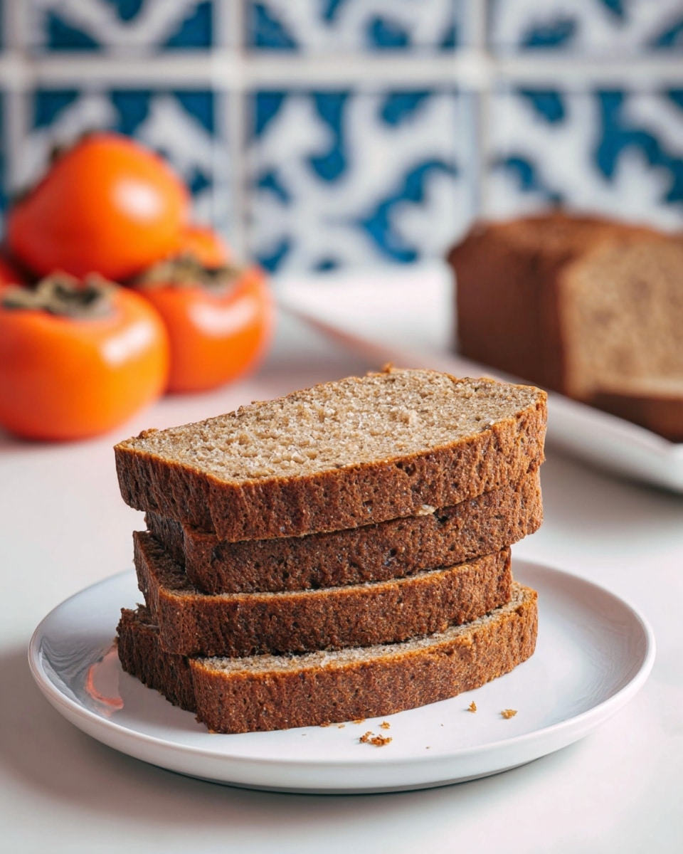 A stack of four slices of brown bread with a soft, moist texture is placed on a simple white plate at the center. The top three slices are stacked evenly with visible crumbs, while the fourth slice at the bottom peeks out slightly. In the blurred background, there is a white rectangular plate holding more slices of the same bread and two orange persimmons sitting on a white marbled surface with blue patterned tiles. The image is clear and bright, showing the bread's details well. photo taken with an iphone --ar 4:5 --v 7