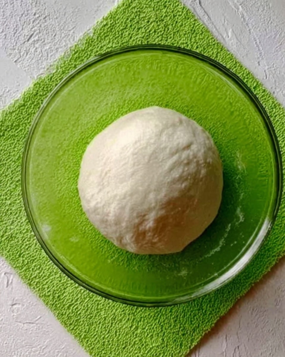 A round, smooth ball of white dough sits centered in a clear glass bowl with a bright green textured mat underneath. The dough looks soft and fresh, with a slightly shiny surface, showing it is well-kneaded. The bowl and dough contrast with the vibrant green base, all placed on a white marbled surface. photo taken with an iphone --ar 4:5 --v 7